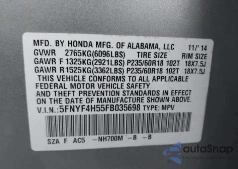 2015 Honda Pilot Ex-L from USA, damaged, VIN 5FNYF4H55FB035698